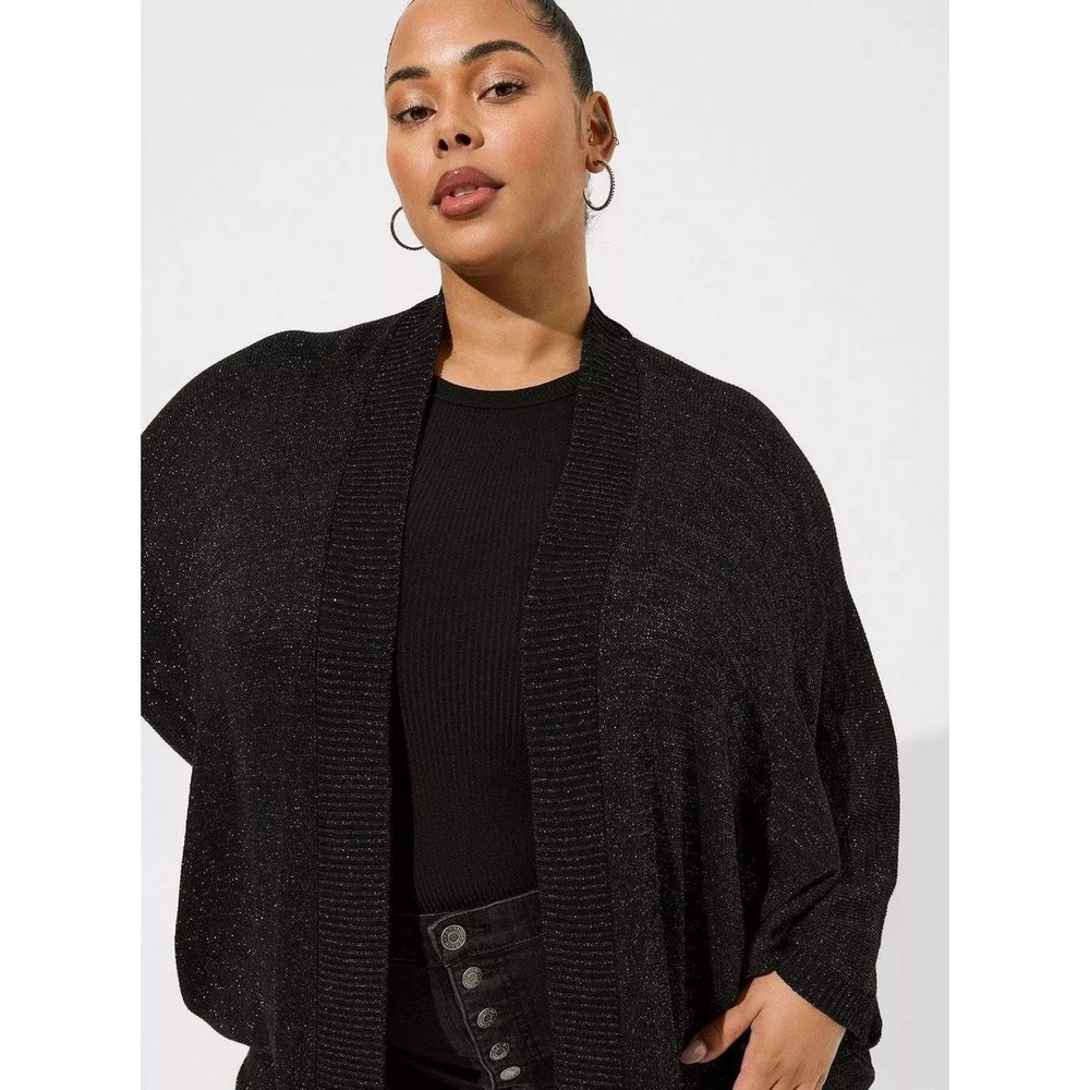 Torrid Black Metallic Knit Liquid Shine Wrap Poncho Size 3/4 Open Front Dressy - Picture 2 of 7